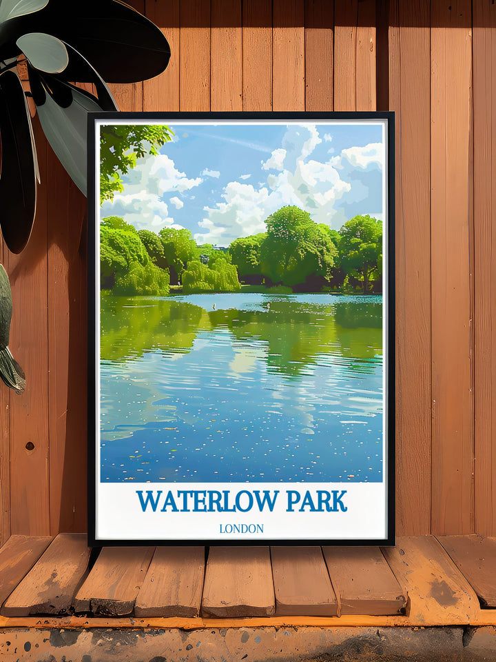 Highgate Ponds Modern Prints combined with Waterlow Park Poster create a beautiful visual journey into one of North Londons most beloved areas making it a great choice for anyone who values art inspired by Londons serene and historic parks