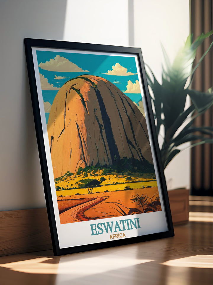 Eswatini poster print captures the awe inspiring beauty of Sibebe Rock, one of the largest granite domes in the world. This travel print brings the rugged African landscape into your home, perfect for lovers of nature and outdoor adventure.