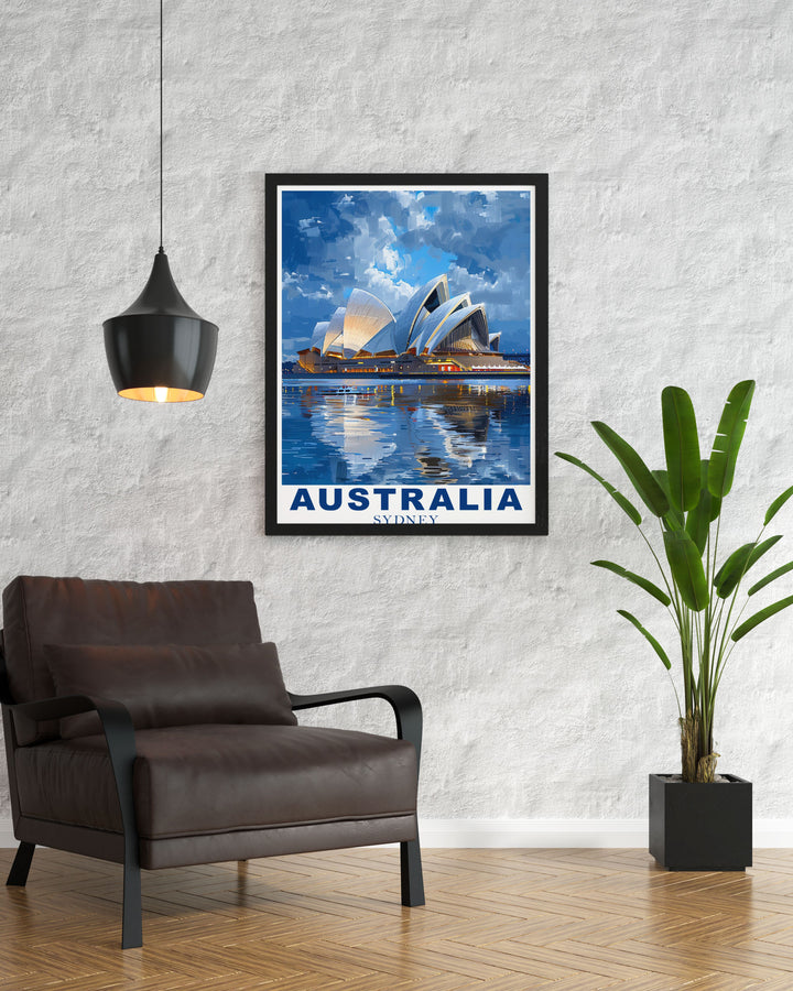 The iconic Sydney Opera House, with its sail like design and stunning harbor views, is beautifully captured in this art print, perfect for adding a touch of Australian elegance to your decor.