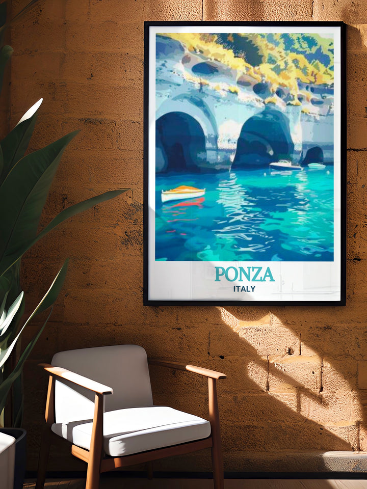 The historic Grotte di Pilato in Ponza, Italy, are captured in this beautiful print, showcasing the natural and architectural wonders of this unique site. The artwork brings out the contrast between the rugged cliffs and the calm sea, making it a perfect addition for those who appreciate Italys rich cultural heritage.