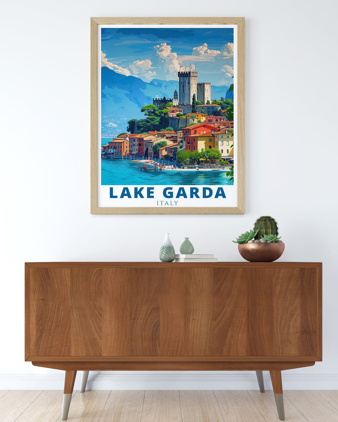 This Lake Garda poster print showcases the serene beauty of Italys largest lake and the picturesque town of Malcesine. Perfect for travel enthusiasts, this artwork brings the charm of northern Italys landscapes into your living space.