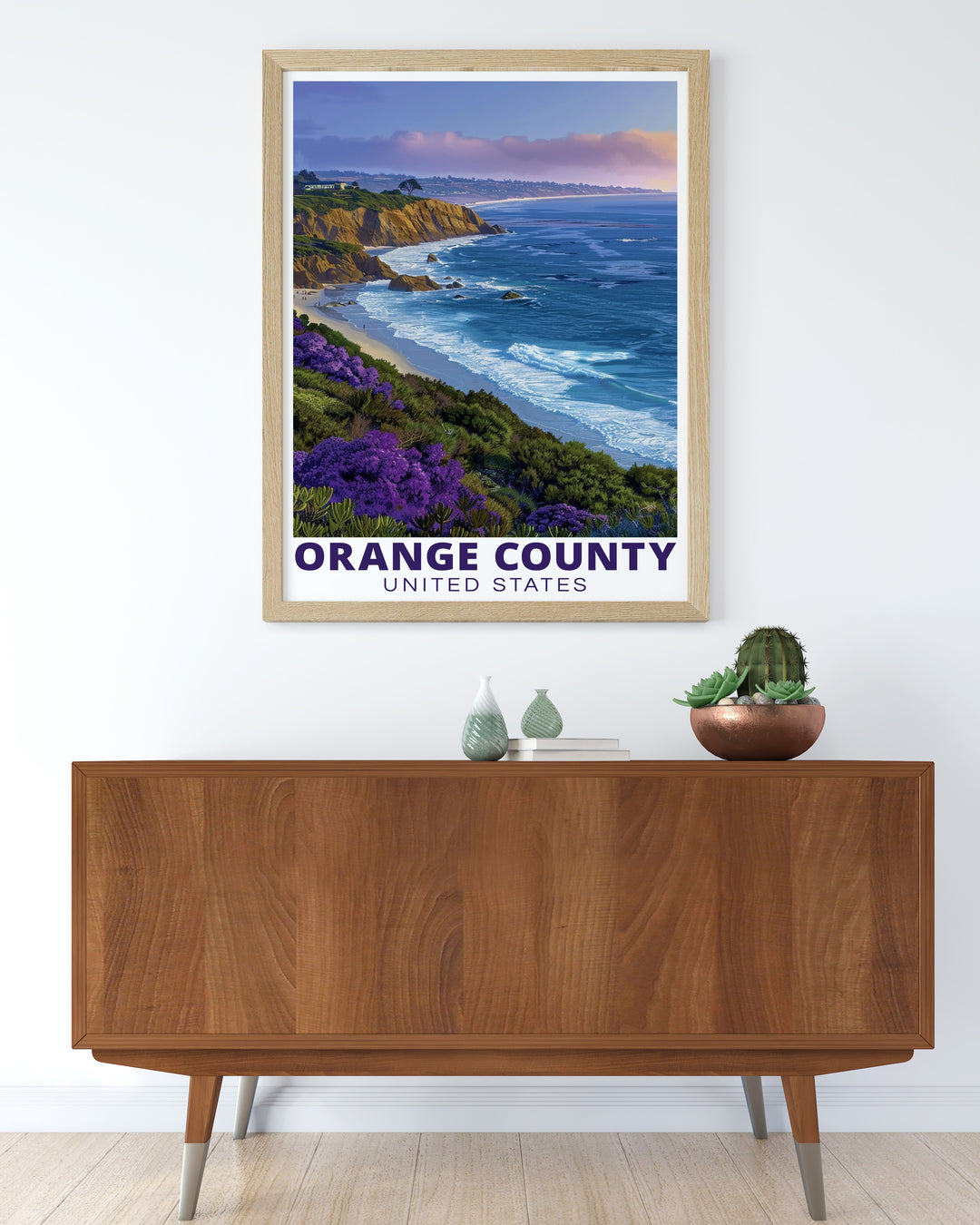 USA wall art print depicting the scenic beauty of Crystal Cove State Park and Orange Countys iconic landscapes. The artwork blends natural and urban elements, offering a sophisticated and stylish addition to any room. Ideal for travelers and California enthusiasts alike, available in various formats.