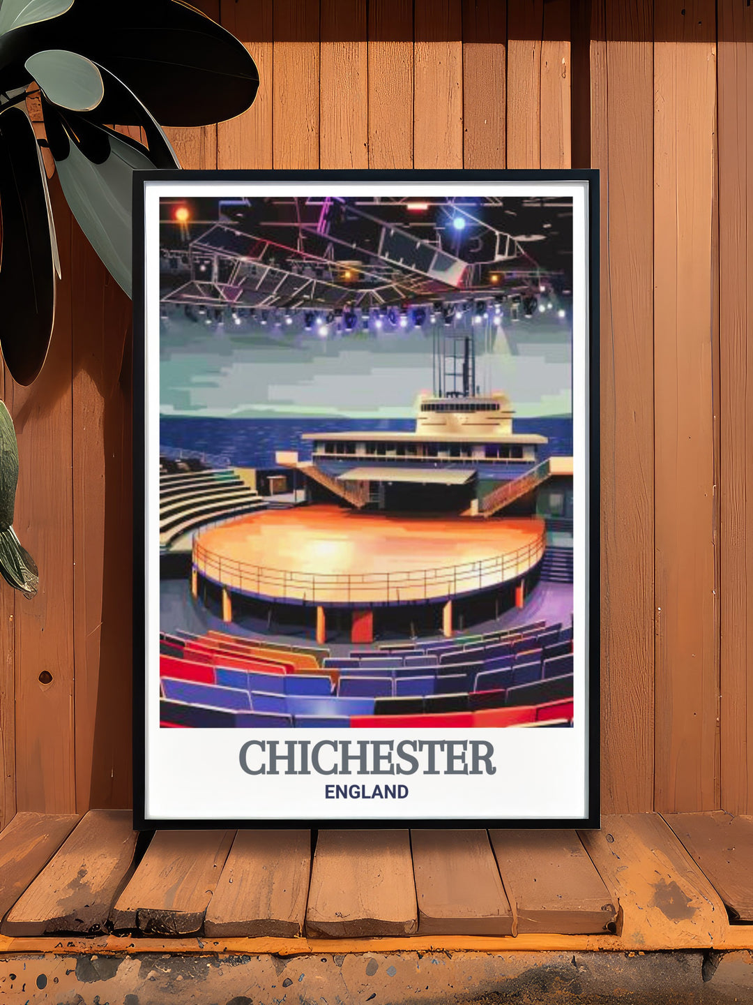 The modernist elegance of Chichester Festival Theatre is highlighted in this framed art, making it a perfect gift for lovers of theatre and architecture, and a timeless addition to any wall.