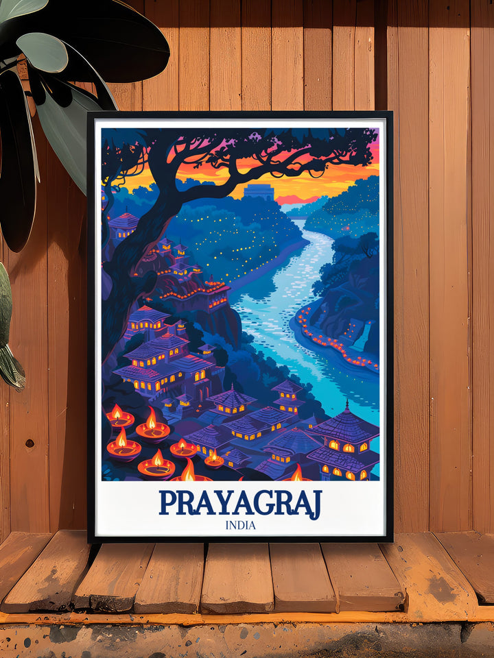 Wall art of Prayagraj, focusing on the historic Allahabad Fort and the sacred Yamuna River. This framed art piece is ideal for those who love Indian history and culture, bringing a piece of Prayagrajs spiritual and historical landscape into their home.