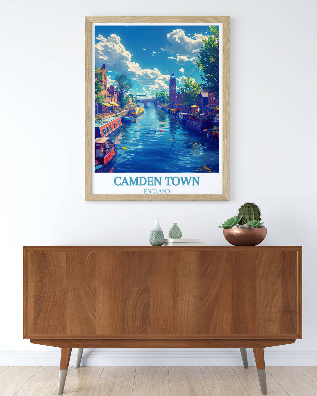 High quality Camden Lock poster illustrating the iconic landmarks and cultural hubs of Camden Town London from the lively Camden Market to the picturesque Primrose Hill a must have for art lovers and travel enthusiasts.
