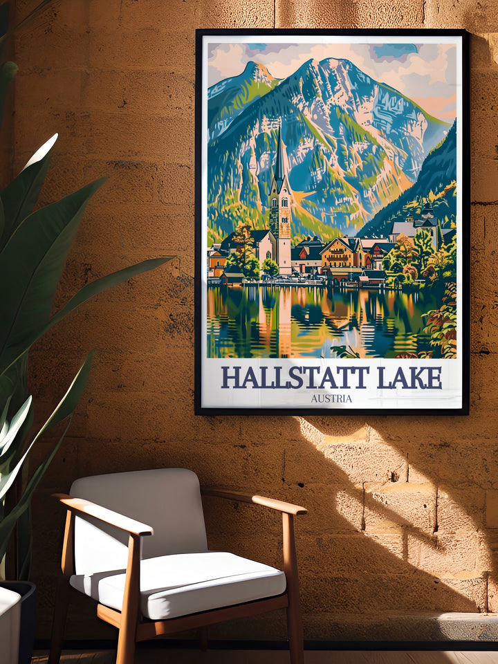 Our Hallstatt travel print captures the stunning Alpine landscape of Hallstatt Lake, with the Dachstein Mountains rising majestically behind the town. The vibrant colors and detailed design of this poster make it a must have for nature and travel lovers.