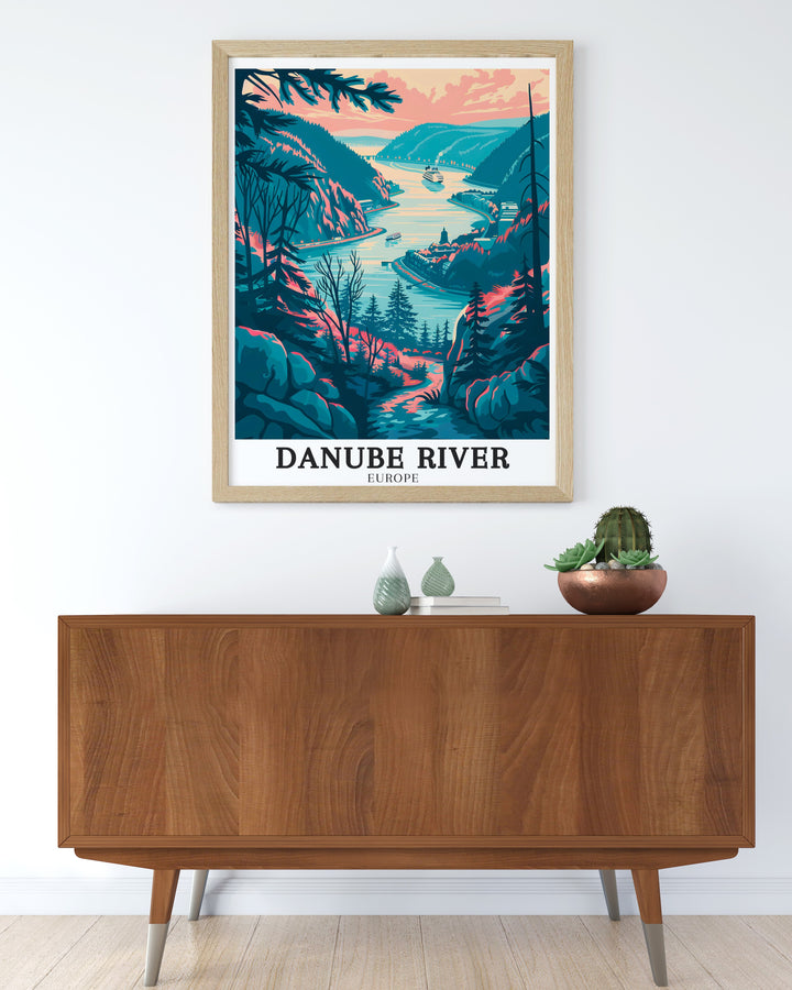 This Danube River Art Print featuring Kazan Gorge Hungary is an exquisite piece of wall decor. The detailed depiction of the gorge and river adds a touch of European charm to any room. Perfect for those who appreciate natural beauty and fine art.