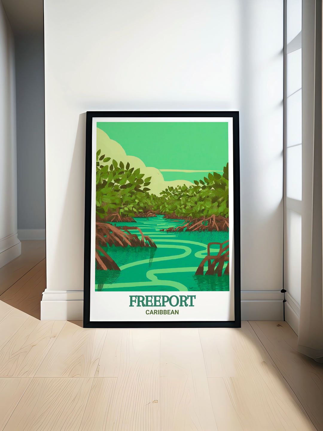 This detailed travel poster brings together the cultural vibrancy of Freeport and the peaceful landscapes of Lucayan National Park, adding a touch of Caribbean elegance to your wall.