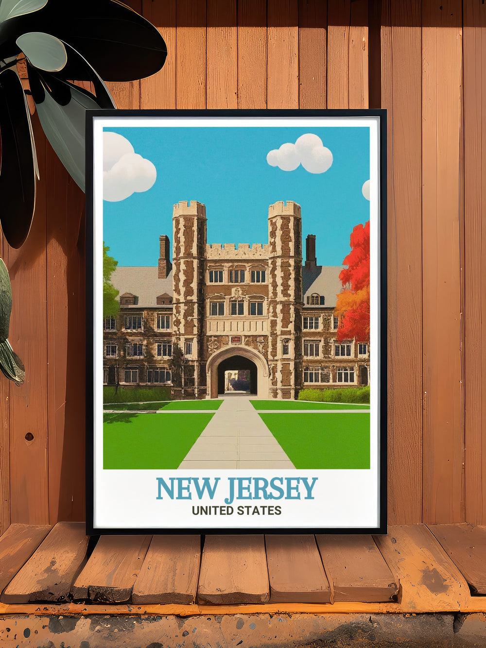 New Jersey travel print of Princeton University, featuring its iconic architecture and intellectual atmosphere. Ideal for home decor. The detailed artwork and vibrant colors celebrate the universitys beauty and significance in New Jersey.