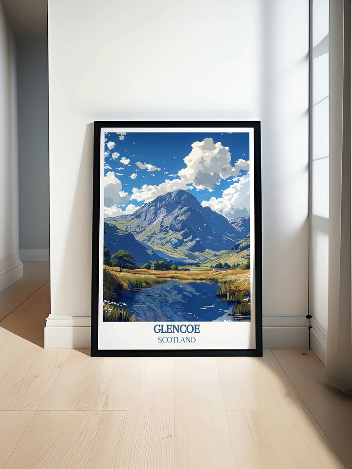 Lochan na h Achlaise Travel Poster showcasing the serene waters and breathtaking landscapes of Glencoe Scotland perfect for adding a touch of natural beauty to your home decor ideal for travel enthusiasts and nature lovers beautiful artwork capturing Scotlands tranquil scenery