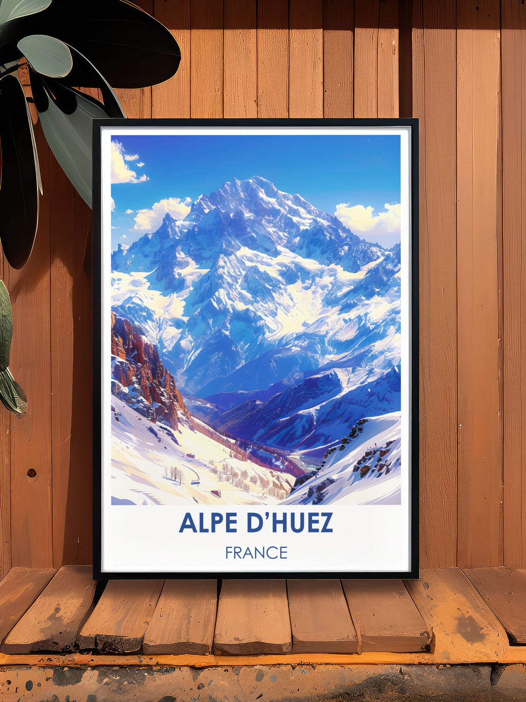 Alpe dHuez poster illustrating the vibrant life and scenic lifts of the ski resort, ideal for enhancing any travel themed gallery wall.