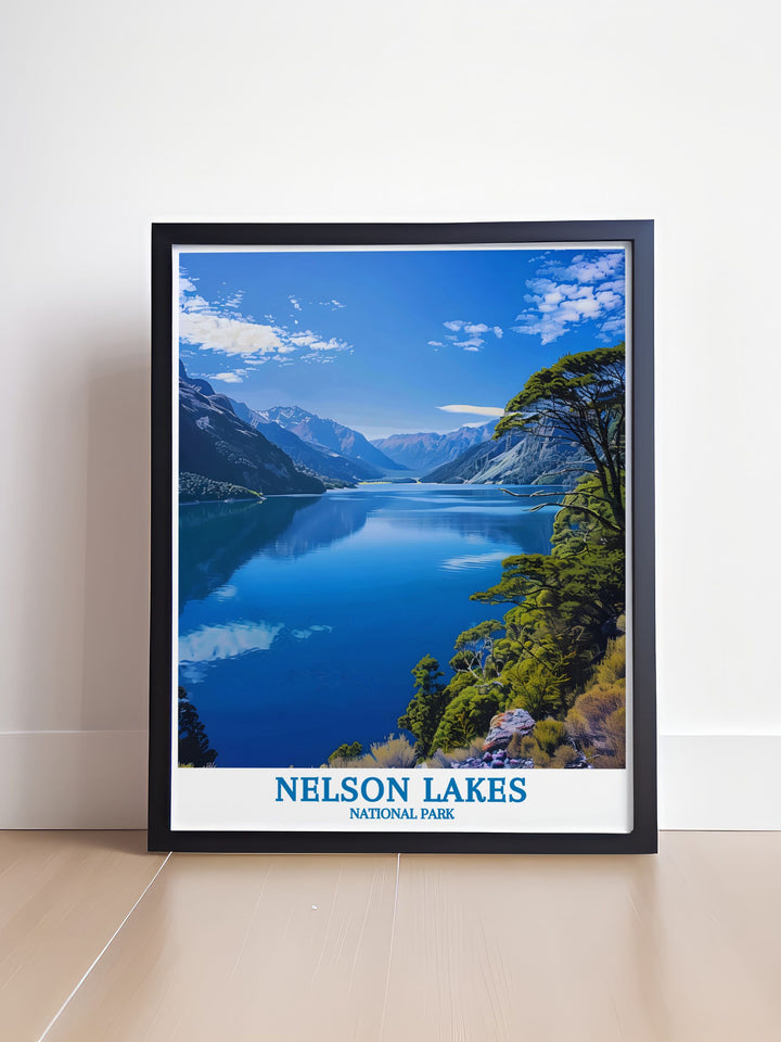 Detailed Nelson Lakes National Park print featuring the breathtaking views of Lake Rotoroa and its pristine wilderness, offering a glimpse into the serene beauty of New Zealand and making a perfect addition to any nature lovers home decor.