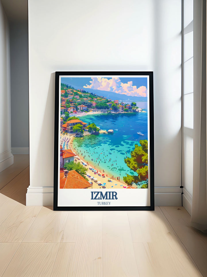 This travel poster captures the serene beauty of Akkum Beach and the historical intrigue of the Atlantis Peninsula in Izmir, highlighting Turkeys rich coastal heritage.