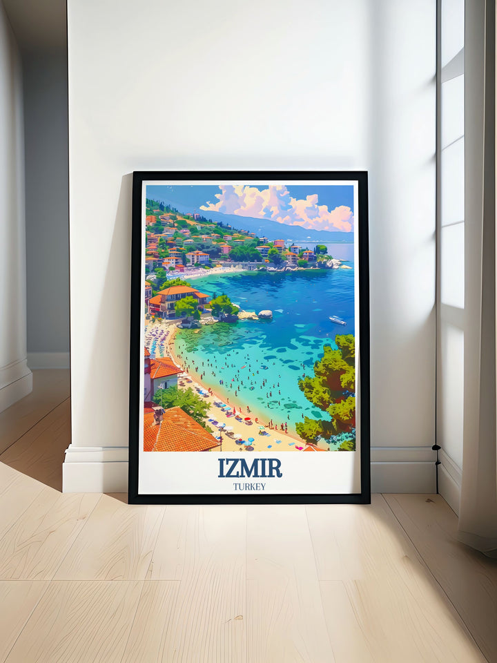 This high quality canvas art features three of Turkeys most beautiful locations Izmir, Akkum Beach, and the Atlantis Peninsula. Each element of the print highlights the countrys rich culture and scenic beauty, making it a must have for travel and art enthusiasts.