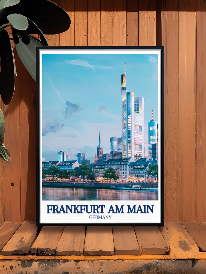 High quality Frankfurt travel print displaying the impressive Commerzbank Tower historic St. Pauls Church and picturesque River Main a must have for art enthusiasts seeking elegant home decor