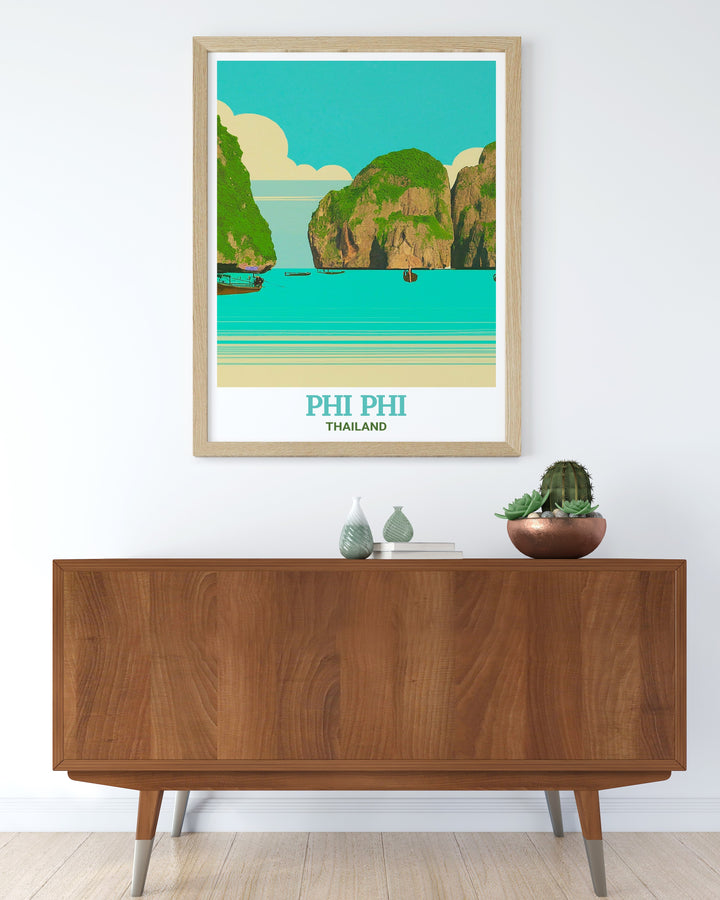 Thailand travel print illustrating the breathtaking beauty of Phi Phi Islands Maya Bay, with its crystal clear waters and towering cliffs. This wall poster is a perfect gift for travel lovers, bringing the charm of Thailand into any living space.