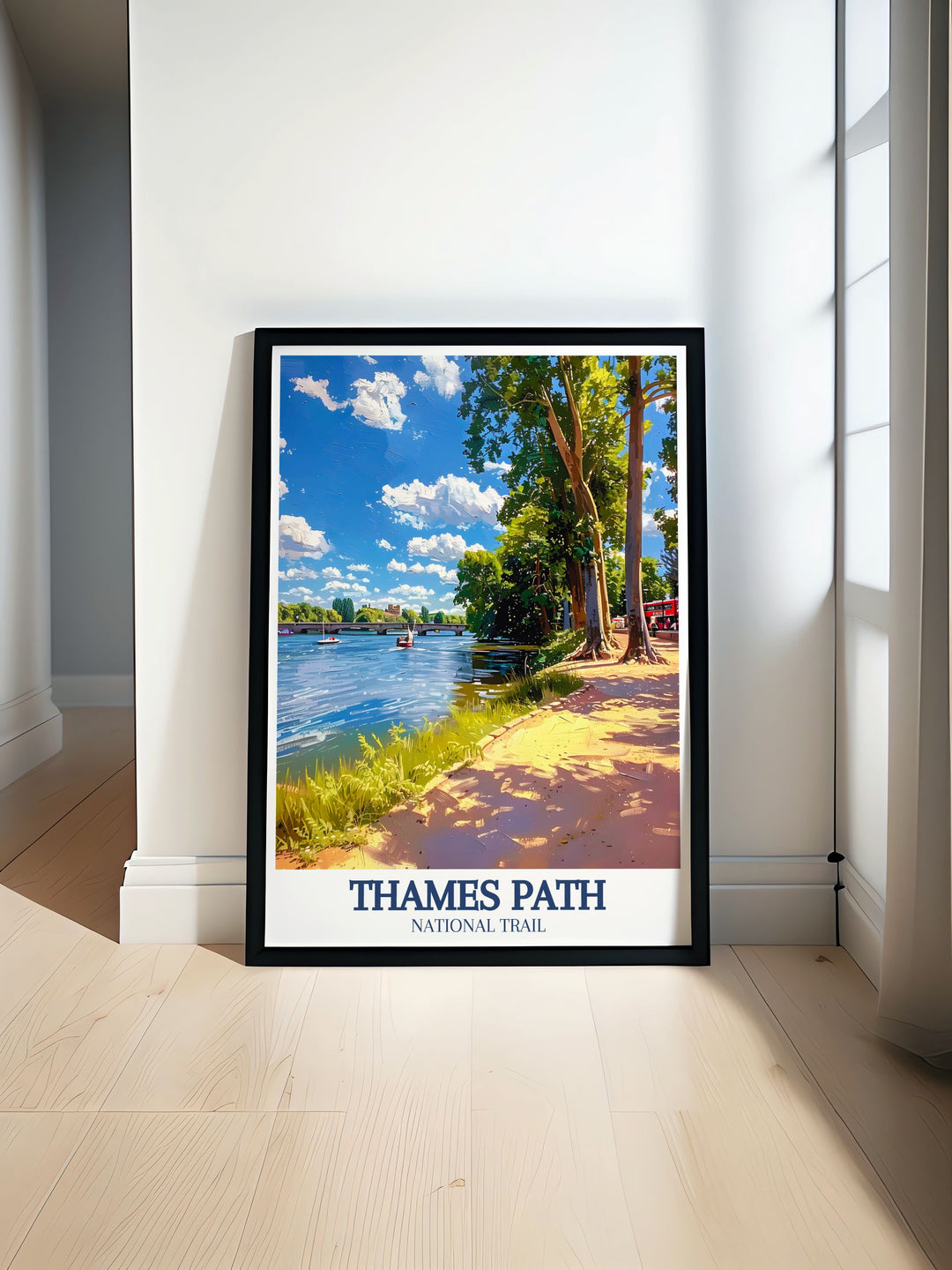 Exquisite River Thames travel poster featuring the scenic beauty of Richmond London and the historic Thames Path perfect for adding a touch of elegance to any room and ideal for art enthusiasts and London lovers