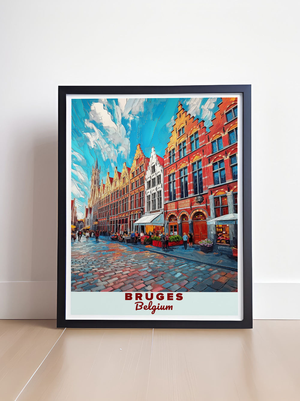 Exquisite Bruges wall art showcasing the bustling Grote Markt. This vintage print highlights the architectural beauty and lively ambiance of the square, making it an ideal piece for art lovers and travel enthusiasts.