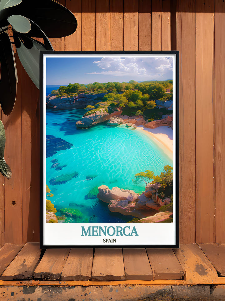 Cala Macarella modern art piece displaying the tranquil beach of Menorca with its inviting clear blue waters and lush green surroundings perfect for Spain poster and travel art gifts.