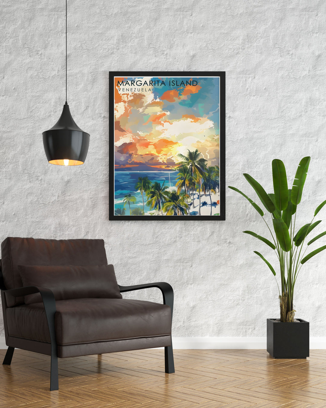 Bring the beauty of Venezuela into your home with this travel print of Angel Falls and the Margarita Islands. Whether youre an adventurer or a beach lover, this artwork is a stunning tribute to two of the countrys most iconic locations.