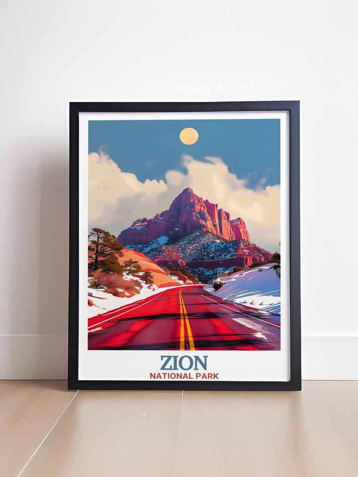 Zion Canyon Scenic Drive elegant home decor print featuring the iconic views of Zion National Park. Perfect for adding a touch of nature to any room and as a thoughtful gift.