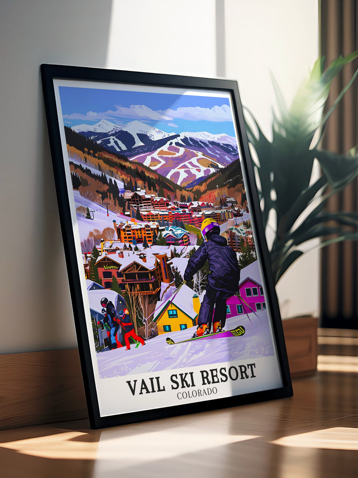 Bring the thrill of Vail Ski Resort into your home with this travel print. Featuring the iconic Golden Peak Terrain Park and the majestic Vail Mountain, this artwork is ideal for those who appreciate winter sports or Colorados stunning natural landscapes.