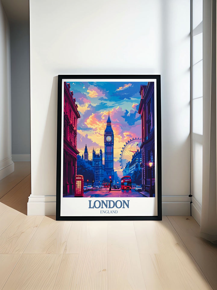 Big Ben and London Eye modern print showcasing the iconic landmarks of London. This stunning artwork offers a detailed view of these famous structures adding a touch of elegance to your home decor with its vibrant representation of Londons architecture.