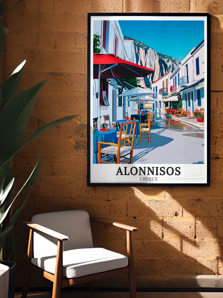 Alonnisos wall print showcasing the dramatic cliffs and picturesque views of the Aegean Sea. This print brings the serenity of Greeces islands into your home, ideal for travelers and art enthusiasts.