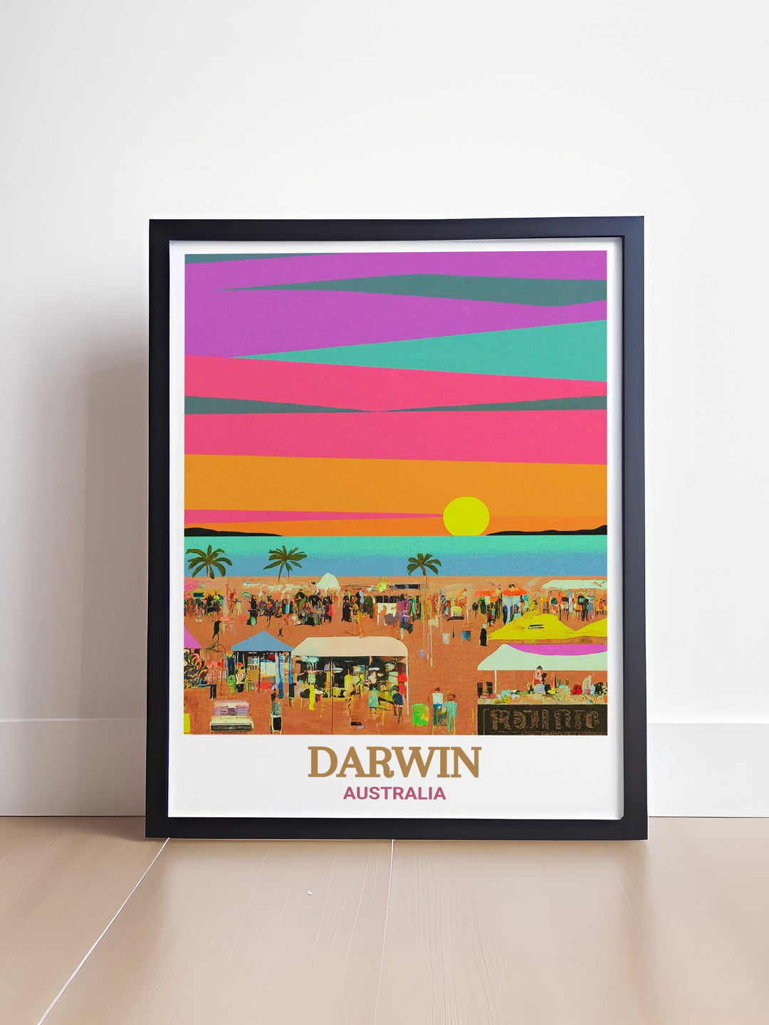 Darwin travel print showcasing the Mindil Beach Sunset Markets, a symbol of the citys laid back lifestyle and cultural diversity. This wall art is a beautiful representation of Australias tropical landscapes and market culture, making it a thoughtful gift for travel enthusiasts.