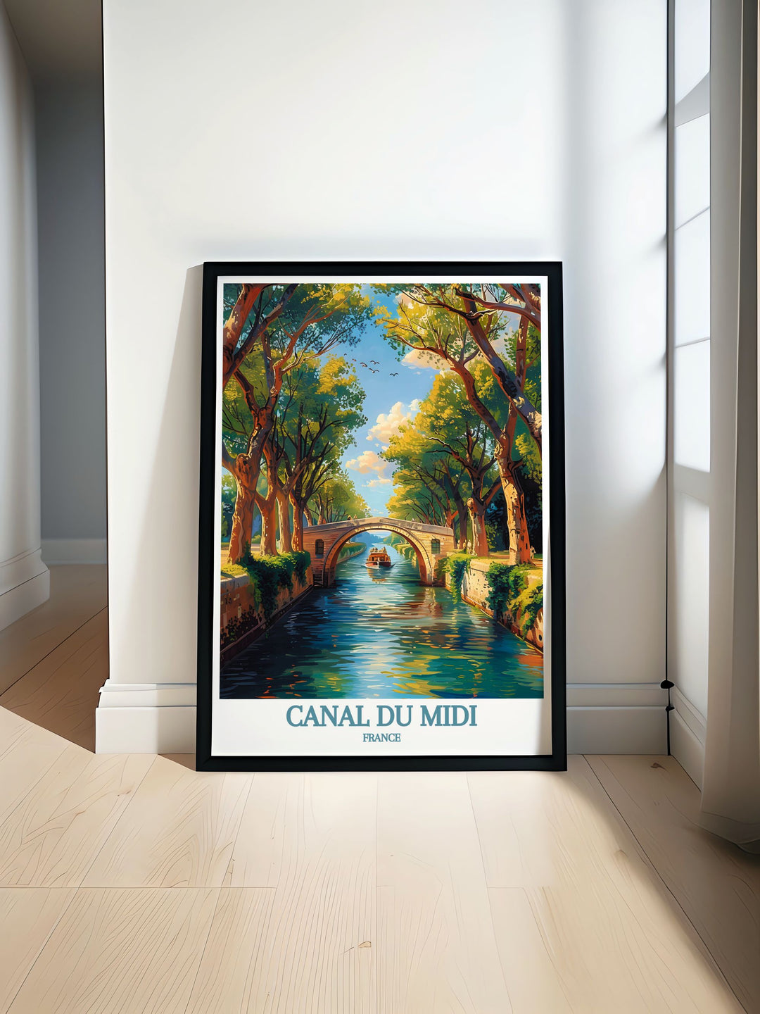 Canal du Midi France vintage travel print showcasing the serene canal and historic architecture perfect for any art collection