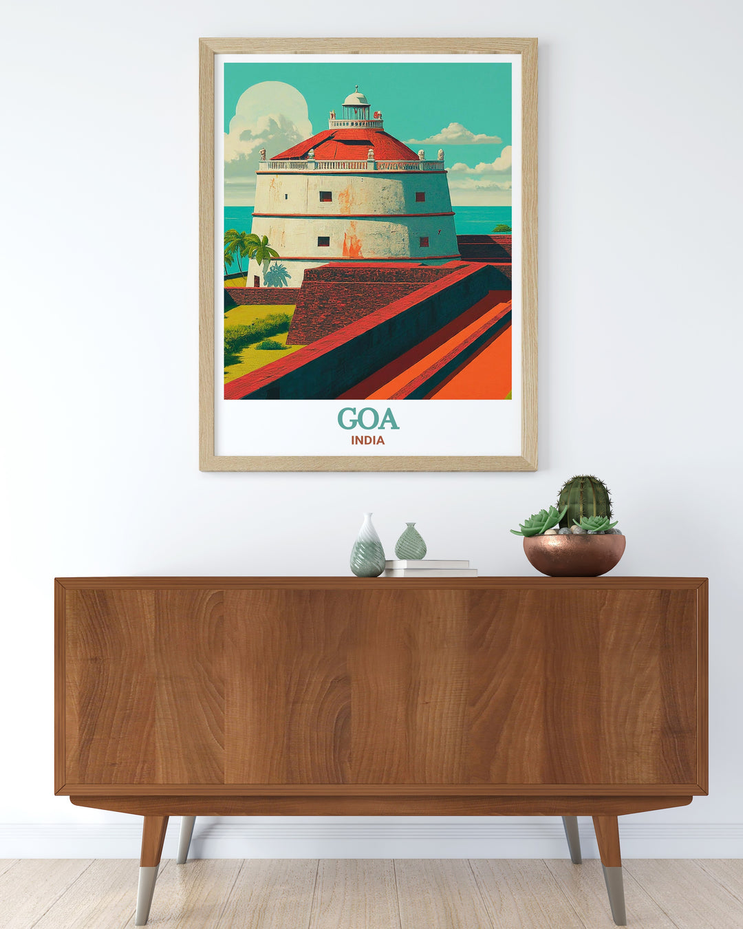 India travel poster featuring Fort Aguada, a fortress built by the Portuguese in the early 17th century to protect Goa from invaders. This artwork beautifully depicts the forts robust structure and scenic surroundings, making it an ideal piece for those looking to celebrate Indias historical landmarks.