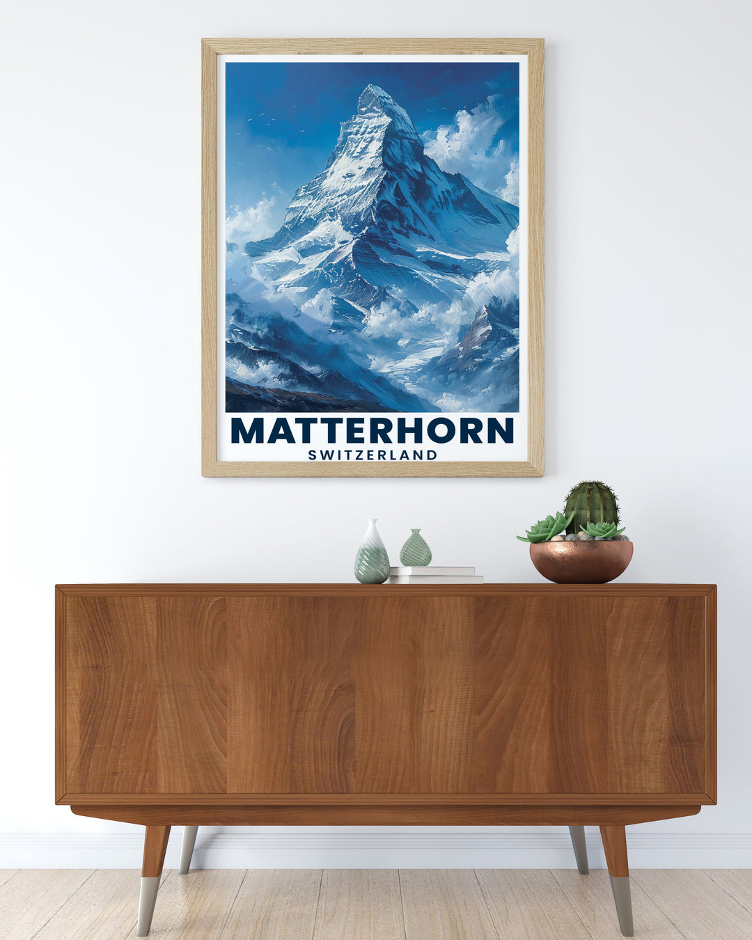 Mountain Stunning Living Room Decor featuring the Matterhorn with a vintage ski resort theme perfect for stylish home decor and snowboarding gifts