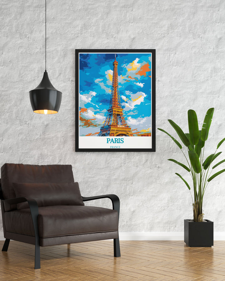 Stunning Eiffel Tower Modern Print featuring bright and bold colors. Enhance your home decor with this beautiful Paris art print, ideal for travel enthusiasts and art lovers.