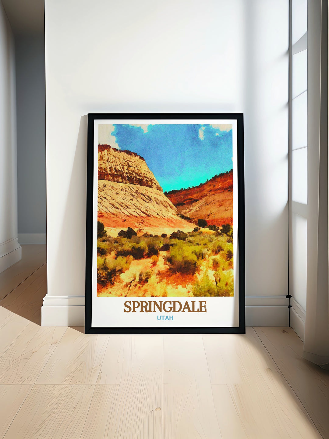 A beautifully detailed print of Checkerboard Mesa and Springdale, Utah, capturing the rugged beauty of the American Southwest. The artwork highlights the unique geological features of Checkerboard Mesa and the charm of Springdale, offering a stunning addition to any home decor. Perfect for nature lovers and adventurers.