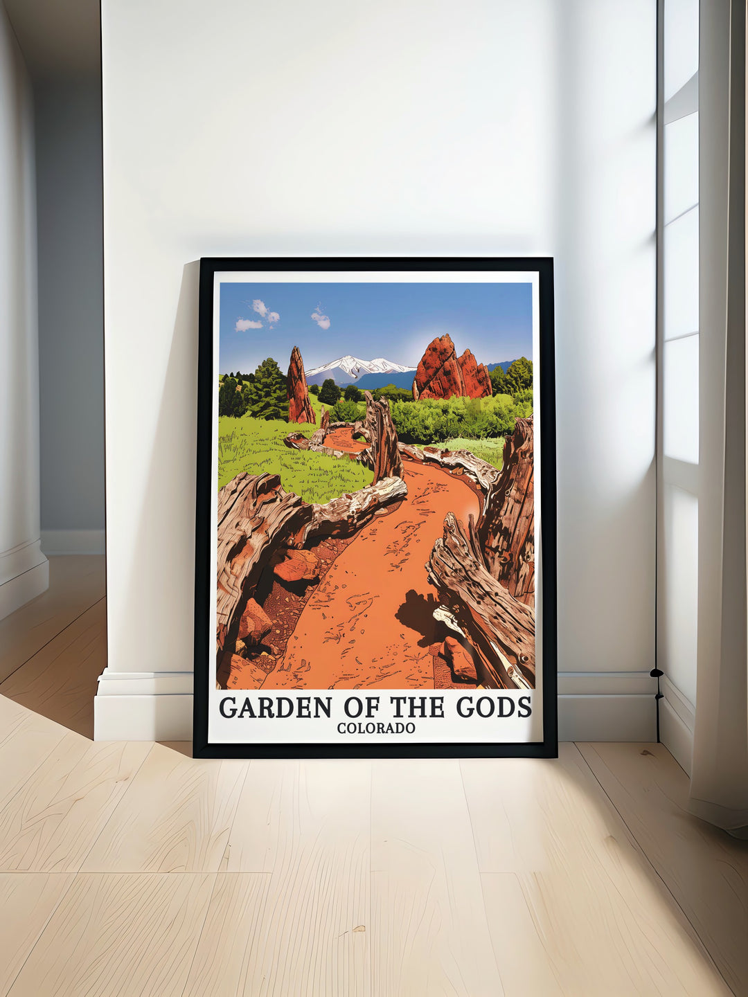 Stunning Gardens of the Gods Travel Poster and Mount Evans Climbers Art bringing the natural beauty of Colorado into your home perfect for nature lovers looking for Colorado decor and a unique Colorado gift to enhance any living room or office space.