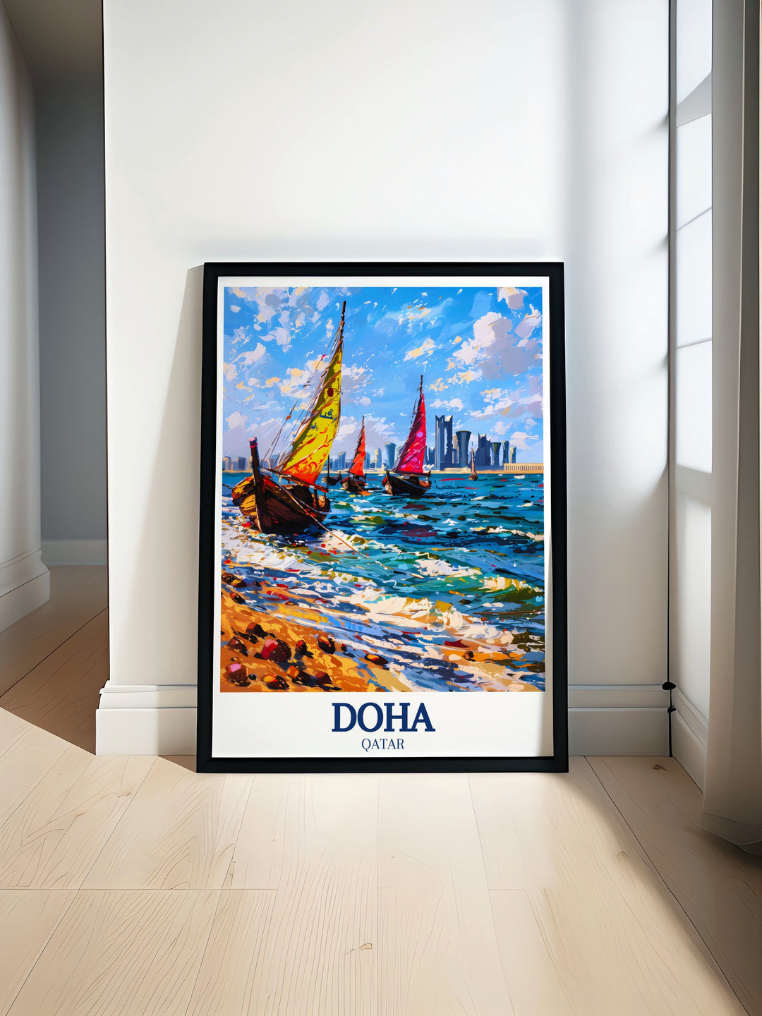 This travel print features Dohas skyline, highlighting the citys iconic buildings against a clear blue sky, making it an elegant representation of Qatars capital for your living space or office.