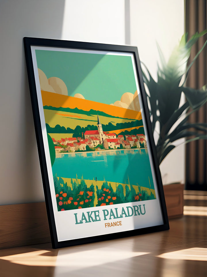 An art print of Lake Paladru, highlighting the lakes pristine waters and the lush greenery that surrounds it. Perfect for adding a calming and scenic touch to your home, this artwork brings the beauty of one of Frances hidden gems into your space.