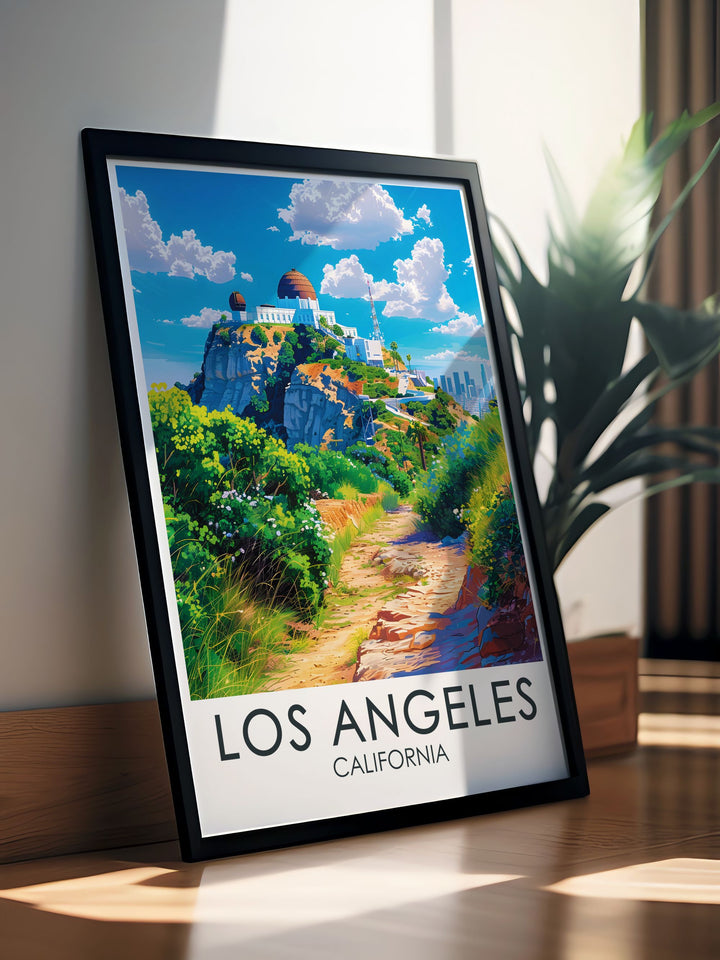 Elegant Griffith Observatory travel poster capturing the beauty of the Los Angeles skyline perfect for art lovers and those who appreciate the wonders of the universe a stunning addition to your collection of Los Angeles artwork and California wall art