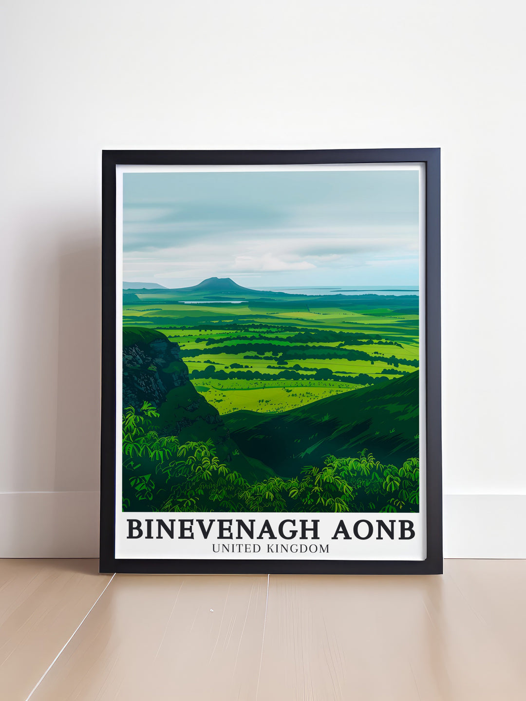 Vintage travel print of Binevenagh Mountain Walk Limavady showcasing the stunning views of Binevenagh Mountain and the surrounding North Derry AONB ideal for enhancing your living room decor with a piece of Northern Ireland art