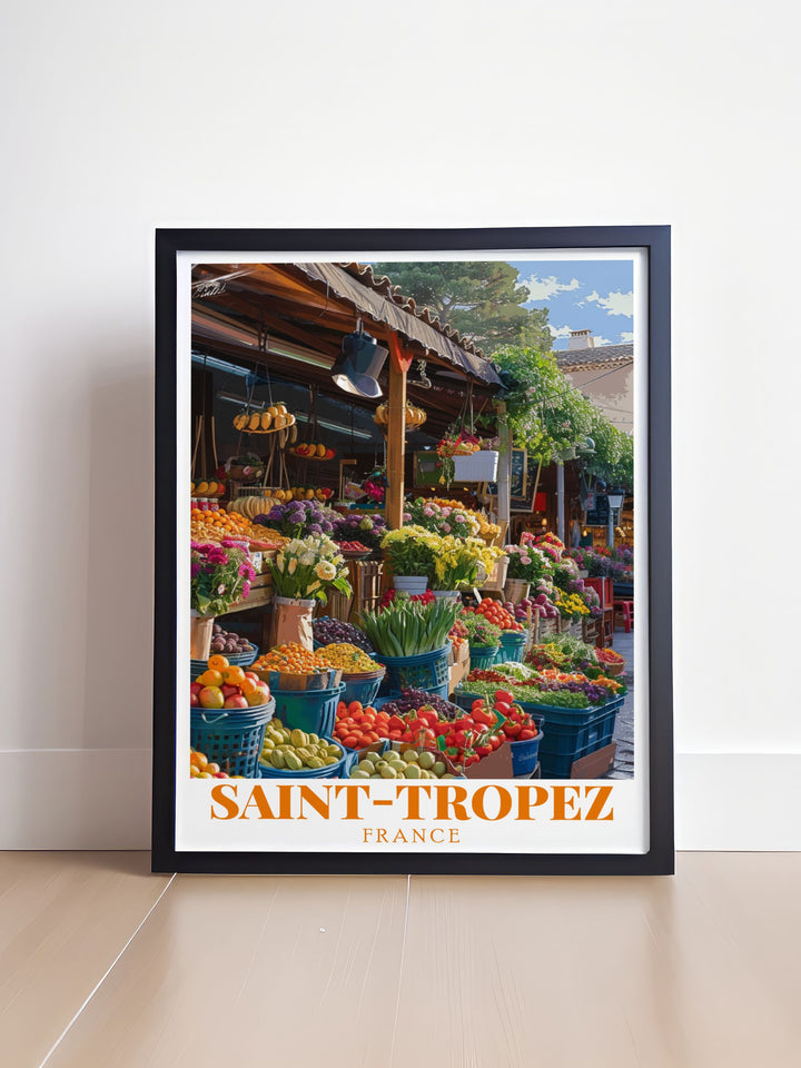 Place des Lices Market modern prints and St Tropez wall art designed for French Riviera inspired living room decor. These captivating artworks bring the essence of coastal charm and the lively market atmosphere into your home creating a stylish aesthetic.