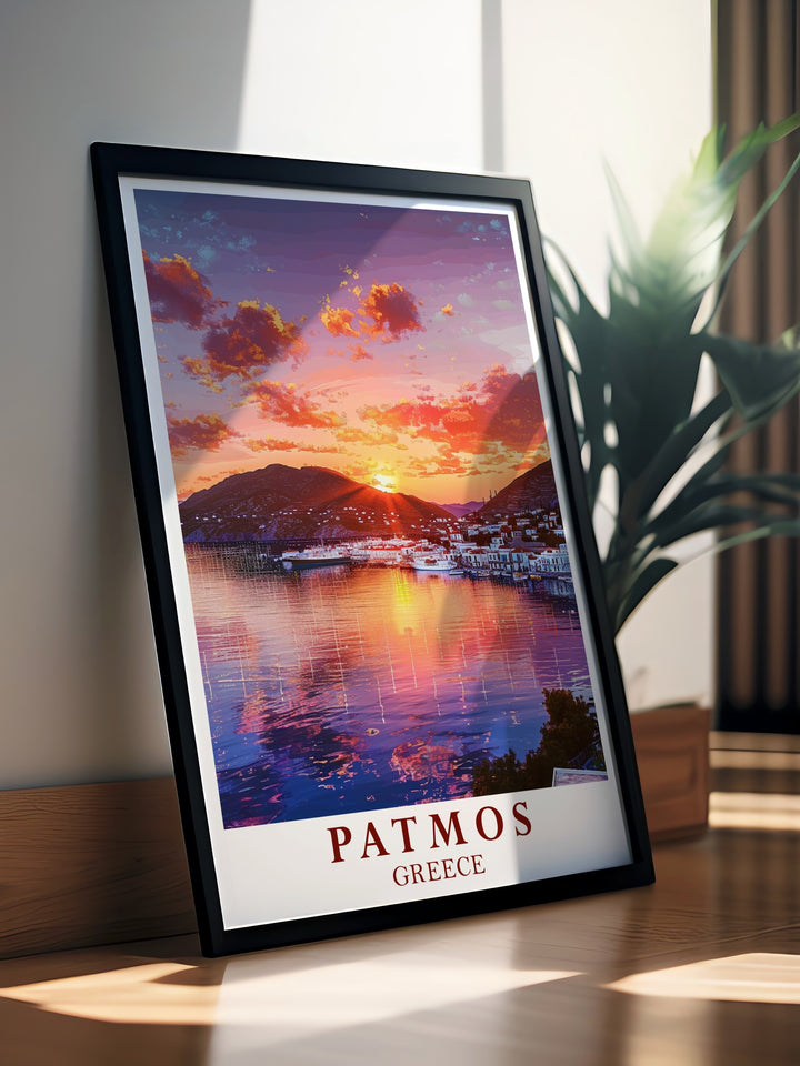 Stunning Patmos travel gift and Skala Harbor elegant home decor a perfect choice for anyone who loves Greek islands this artwork brings the beauty of Patmos and Skala Harbor into your space making it an ideal gift for any occasion