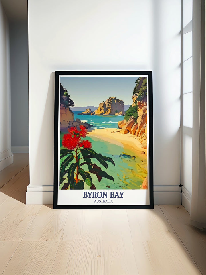 Byron Bay Print showcasing The Pass, Byron beach with vibrant colors and detailed design perfect for home or office decor. This stunning artwork brings the charm and beauty of Byron Bay into your space adding a touch of coastal elegance.