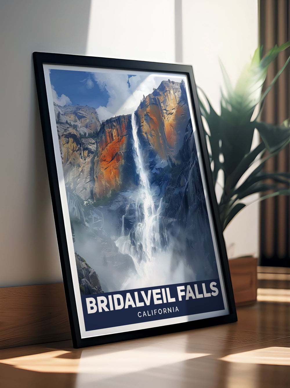 Closeup view of the majestic Bridalveil Falls showcasing the intricate details of the waterfall and lush surroundings ideal for those seeking California artwork that brings the essence of nature into their home decor. A perfect California travel poster for any wall.