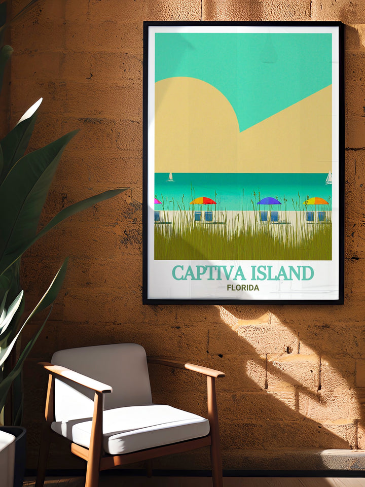 Transport yourself to the shores of Captiva Beach with this travel poster, featuring the crystal clear waters and lush vegetation that define this Floridian paradise. Perfect for adding a touch of summer to your home decor.