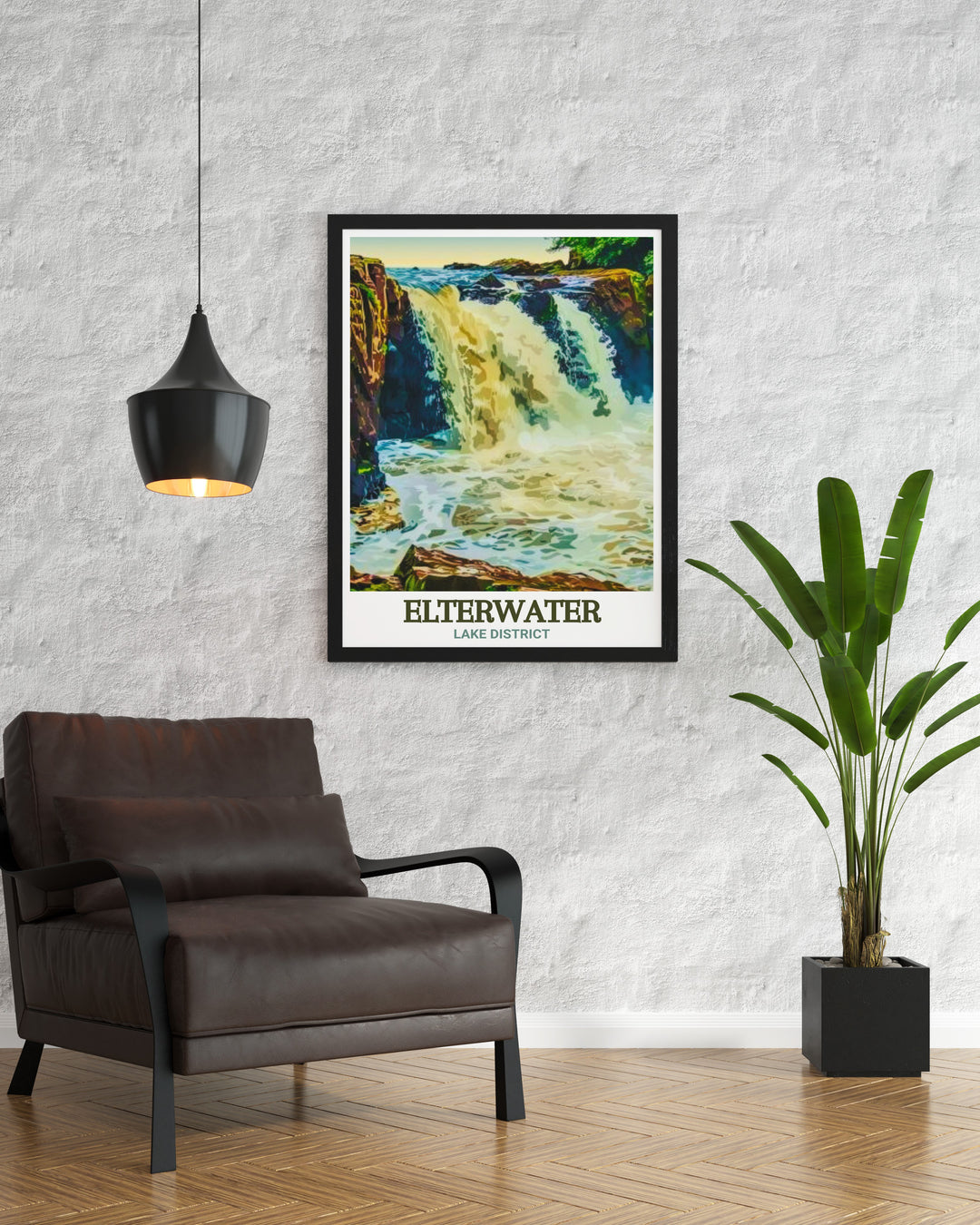 Skelwith Force modern decor print brings the dynamic beauty of Cumbrias Lake District into your home. A perfect wall art piece for nature lovers and those seeking a peaceful yet dramatic addition to their living room.