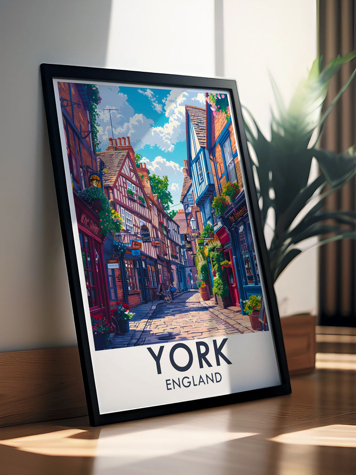 A York vintage poster that honors the charm of The Shambles while showcasing the architectural wonders of the city. This travel print serves as a reminder of the stunning sights found in this remarkable location.