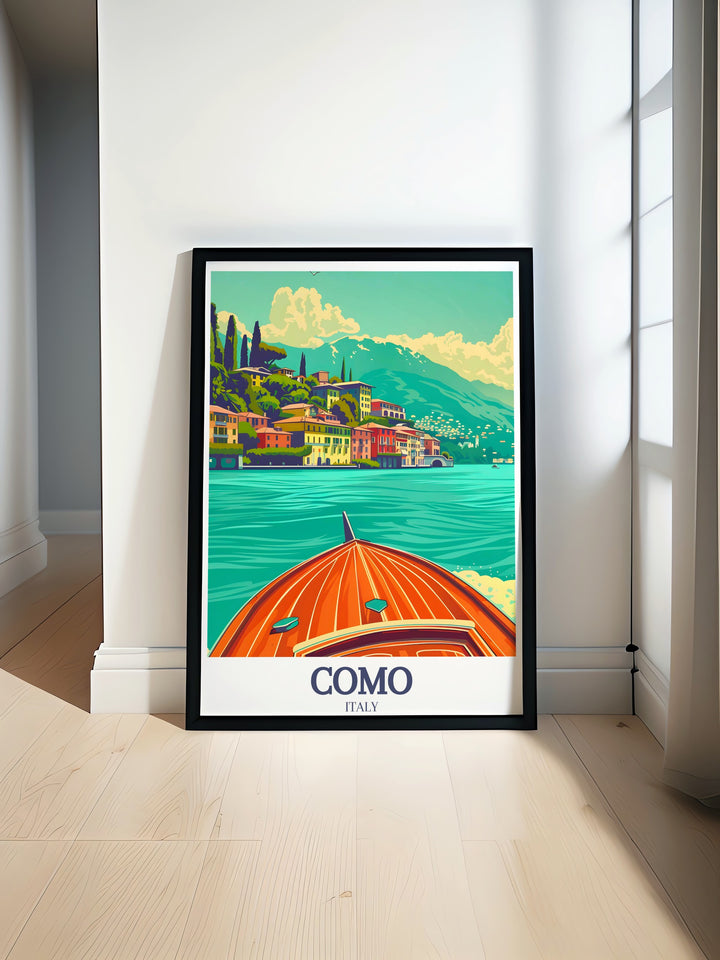 A stunning Orient Express print featuring the Royal Scotsman as it travels through the Scottish Highlands. Lake Como Bellagio Village art brings a touch of Italy to your decor while celebrating classic locomotive art and vintage train designs.