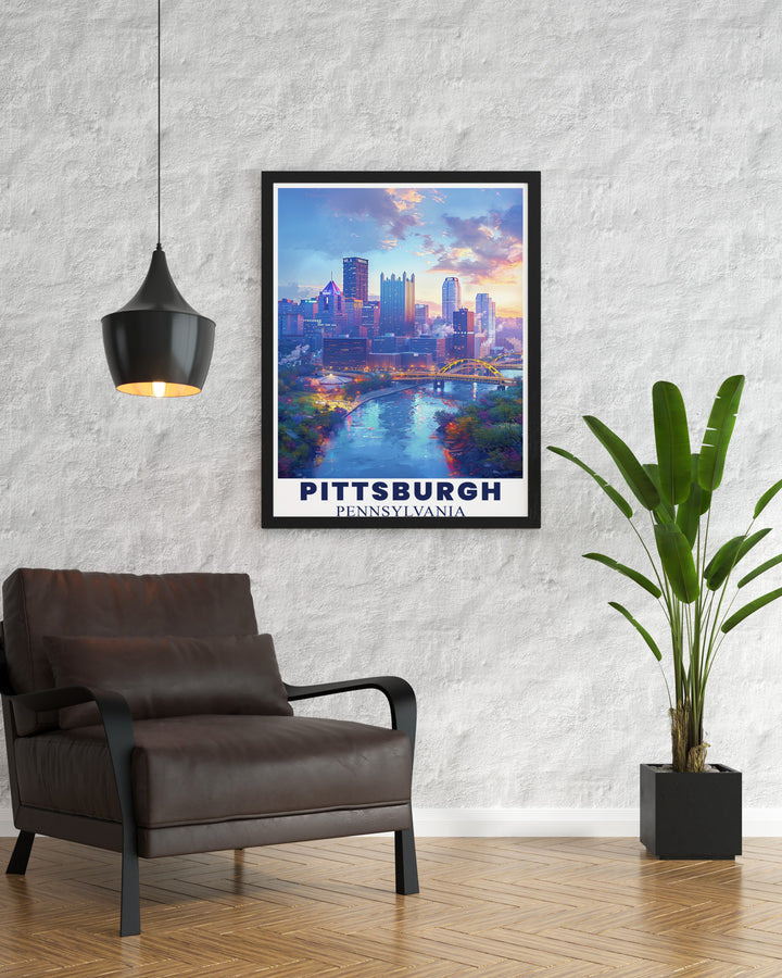 Matted art print of Pittsburghs vibrant cityscape, showcasing iconic landmarks. This travel poster highlights the famous view from Mount Washington, along with the citys riverfront, perfect for anyone who loves Pittsburgh or modern urban art.