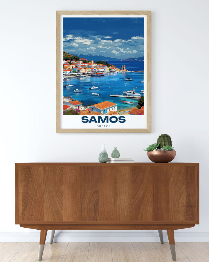 Our travel print of Samos, Greece, beautifully captures Pythagoreios ancient harbor and Mediterranean vistas. Whether youve visited the island or dream of doing so, this artwork brings the allure of Greece into your living space.