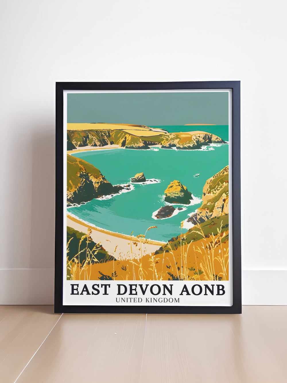 Elegant Branscombe Mouth English Channel Framed Print highlighting the natural splendor of Devon Countryside with detailed depiction of the serene coastal landscape and lush greenery ideal for enhancing the aesthetic of home interiors